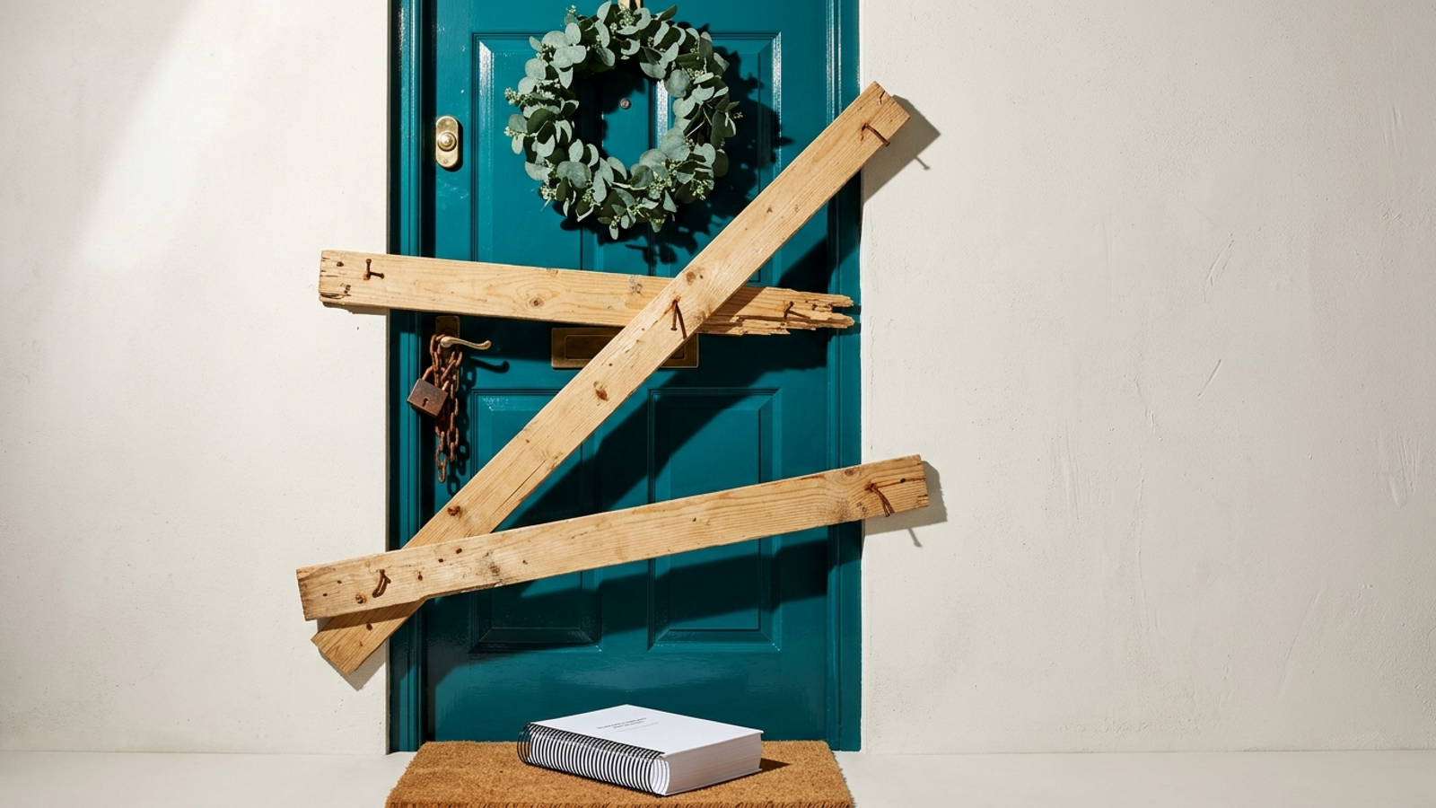 A freshly painted front door with a shiny doorbell and wreath is nailed shut with planks and padlocked, a thick audit report waiting on the doormat.