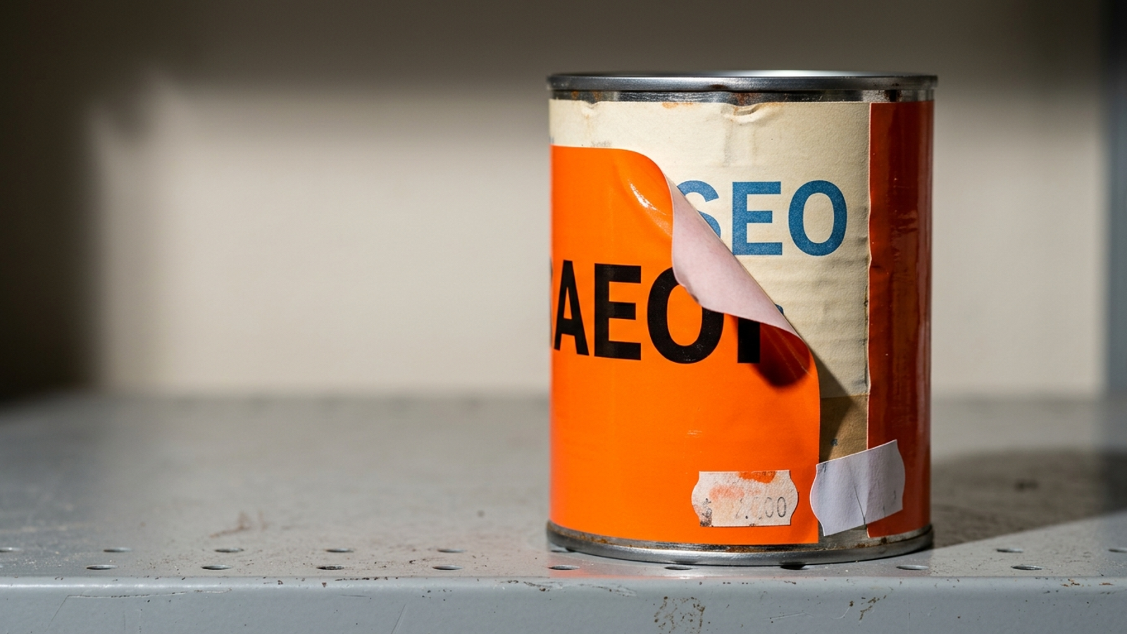 An old tin can labelled SEO with a shiny new AEO label stuck over it, one corner peeling, and a bigger price sticker on top: the same product resold.