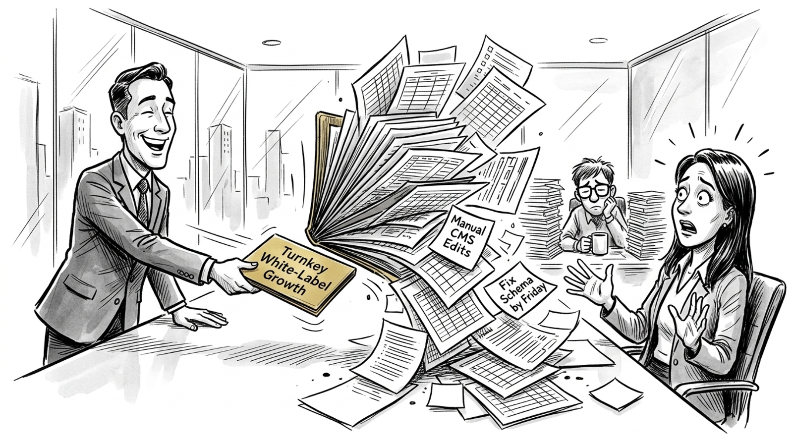 Ink cartoon of a software salesman handing an agency owner a branded folder overflowing with chore lists and spreadsheets.