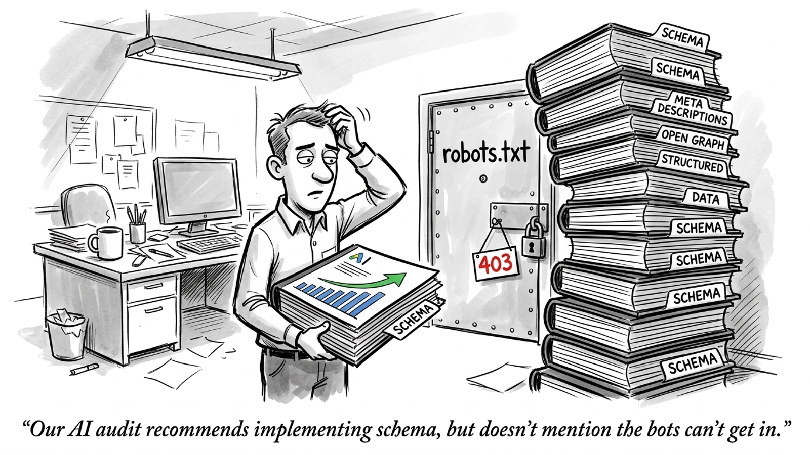 Cartoon of an 80-page audit PDF beside a locked server door labeled robots.txt
