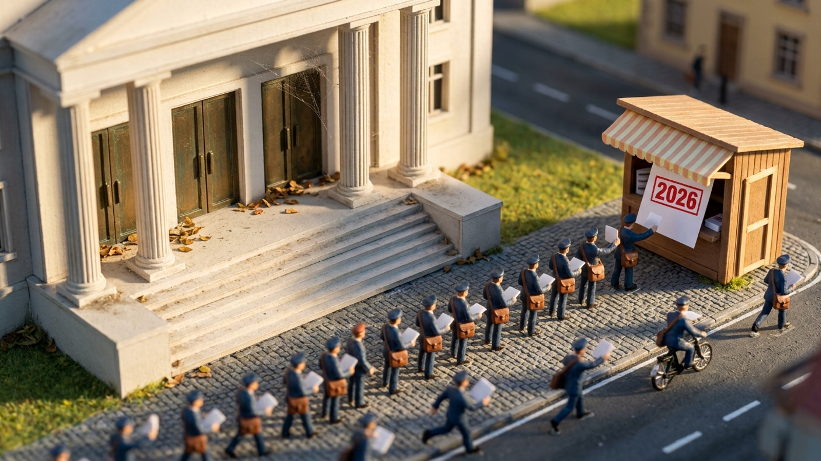 A tiny model city: couriers queue at a small kiosk with one dated sheet while a grand columned hall next door sits dusty and deserted.