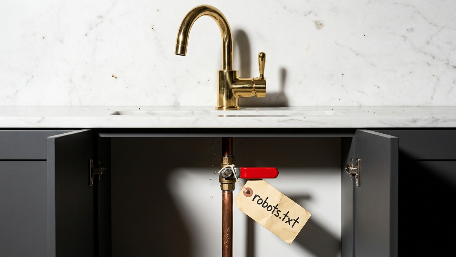 A polished brass faucet runs dry because the pipe beneath it is shut by a small red valve tagged "robots.txt".