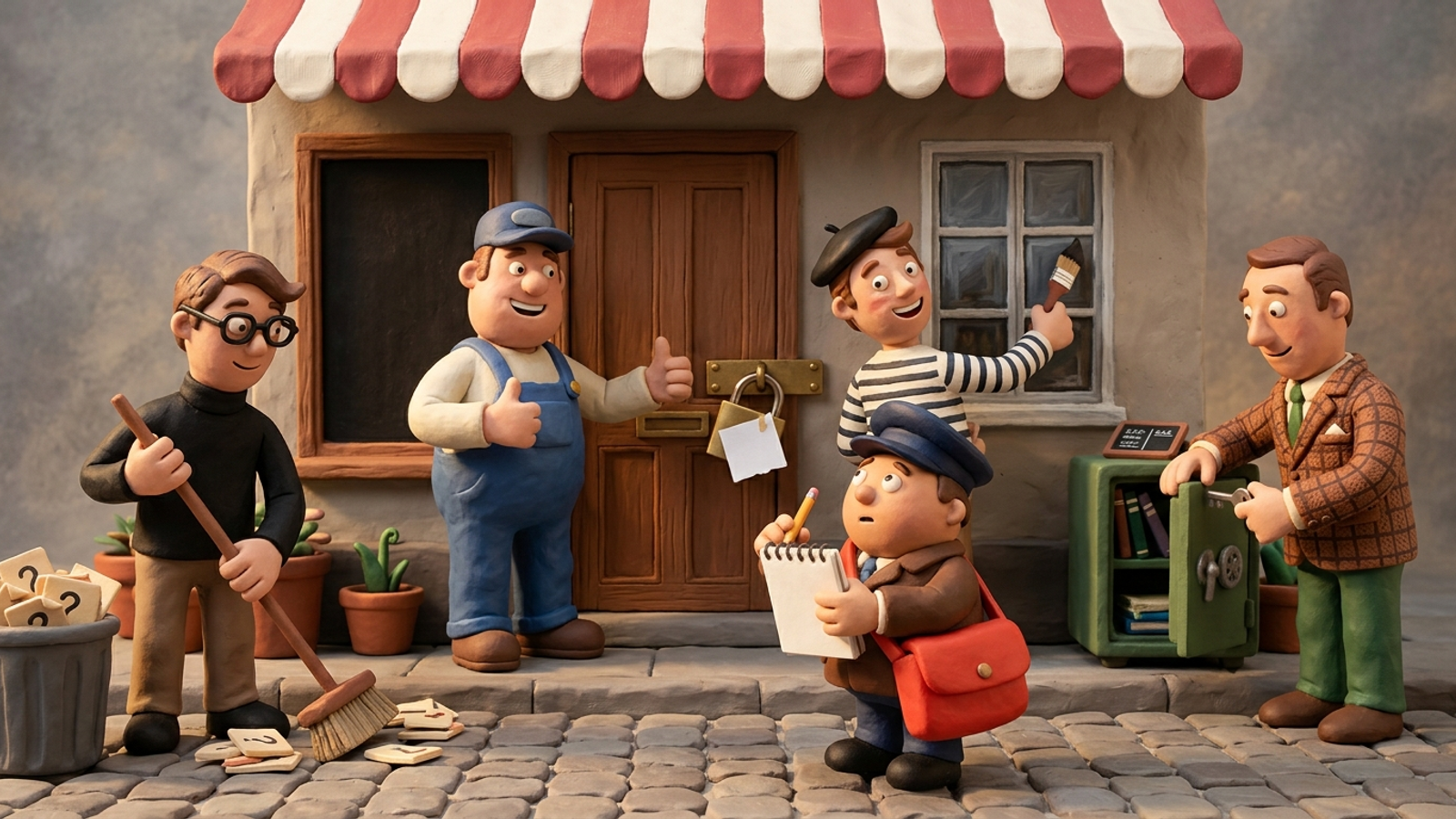 Clay workers proudly padlock, paint over, lock away and sweep out a shop's openings, while a small courier with a blank notepad can't get in.