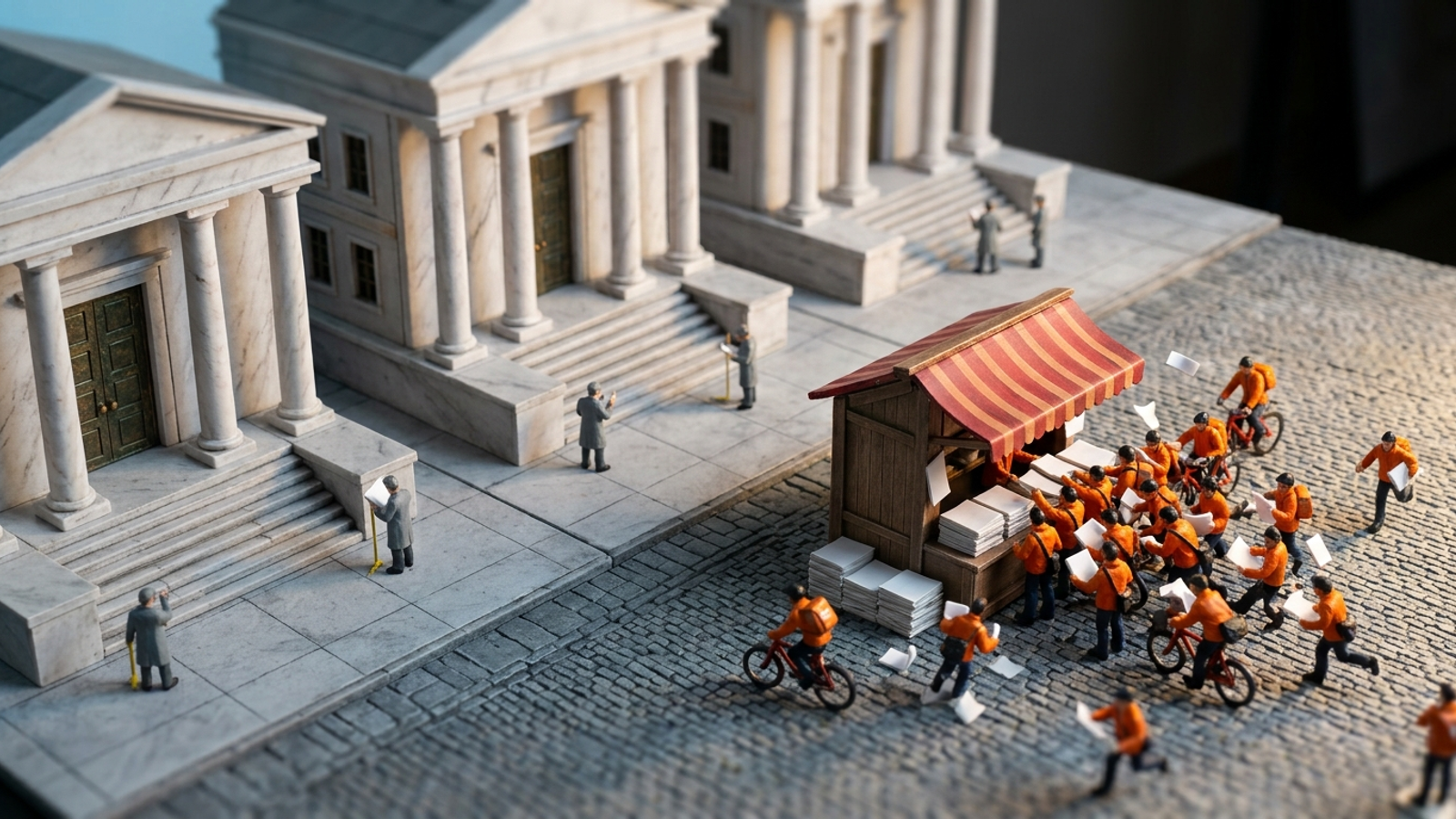 Model town: three grand marble halls get inspected but never entered, while a tiny newsstand selling one dated paper is mobbed by couriers.