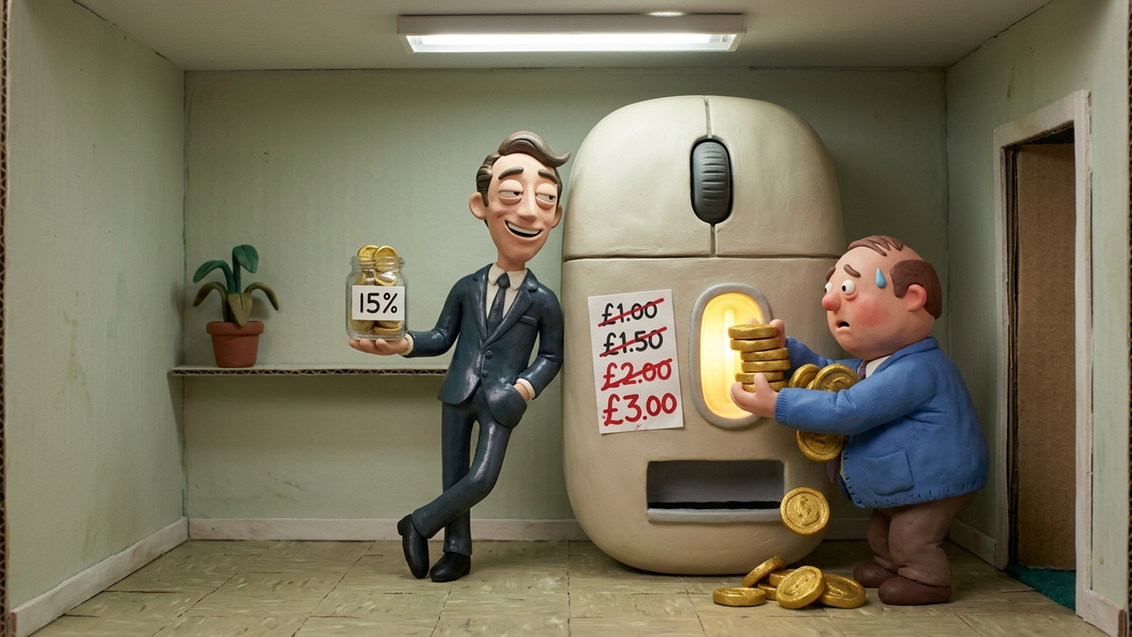 Clay figure strains to feed coins into a mouse-shaped vending machine with ever-rising prices while a grinning agency man holds a '15%' tip jar.
