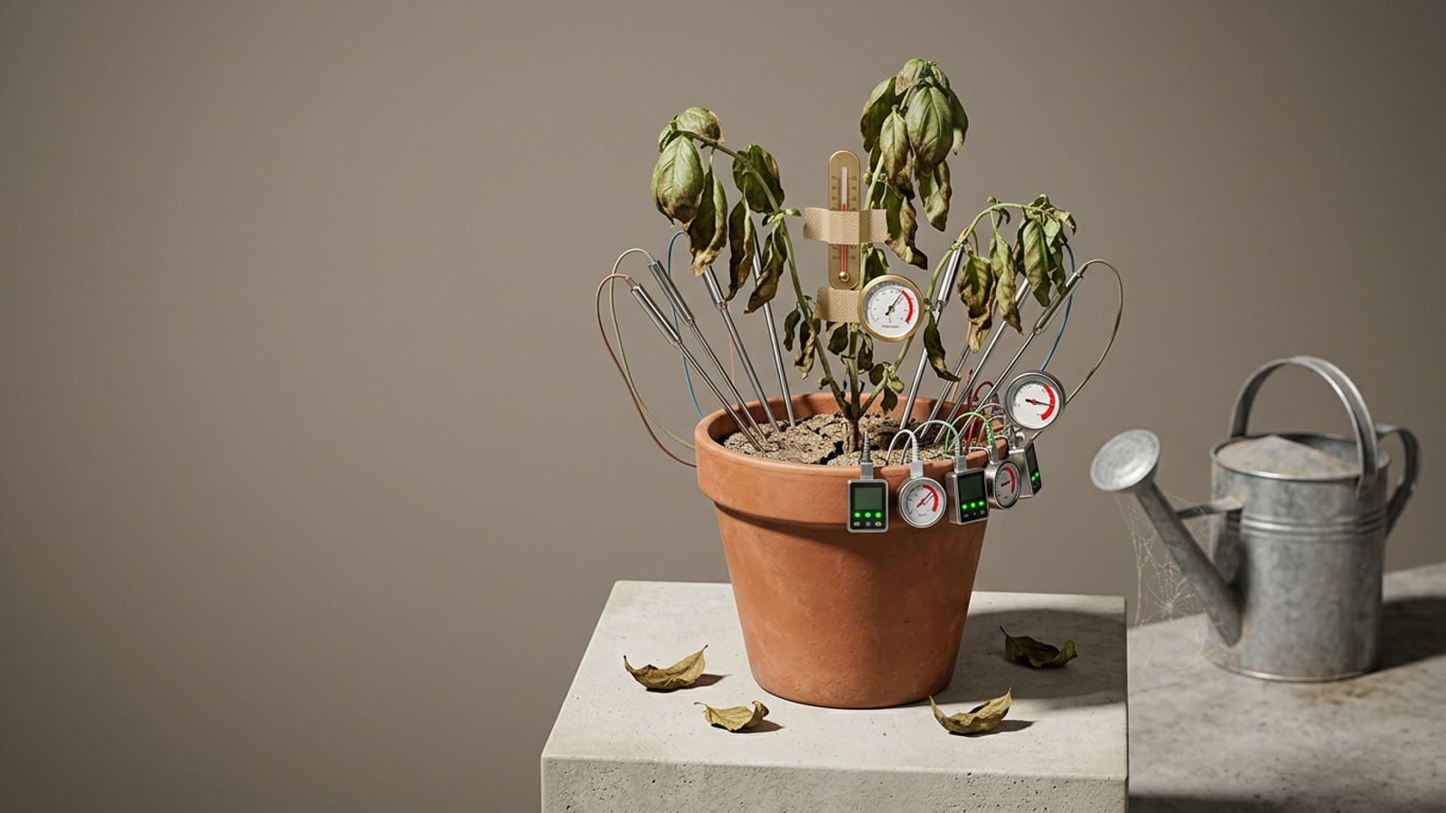 A wilting plant covered in sensors and gauges all reading red, while a dusty watering can sits unused: monitoring a problem isn't fixing it.