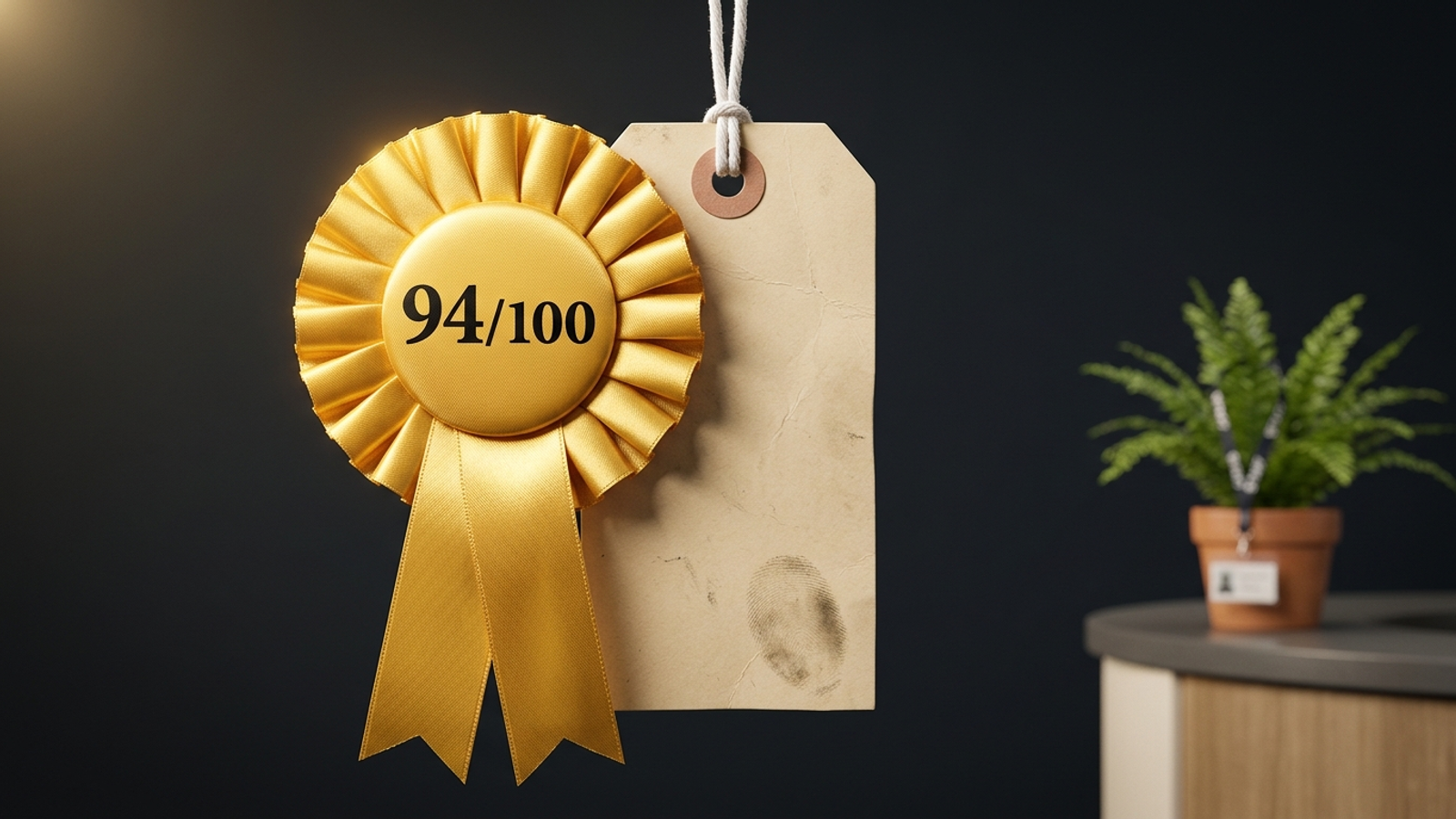 A blank price tag wearing a huge gold prize rosette reading 94/100: a top score awarded to a page that never shows its price.