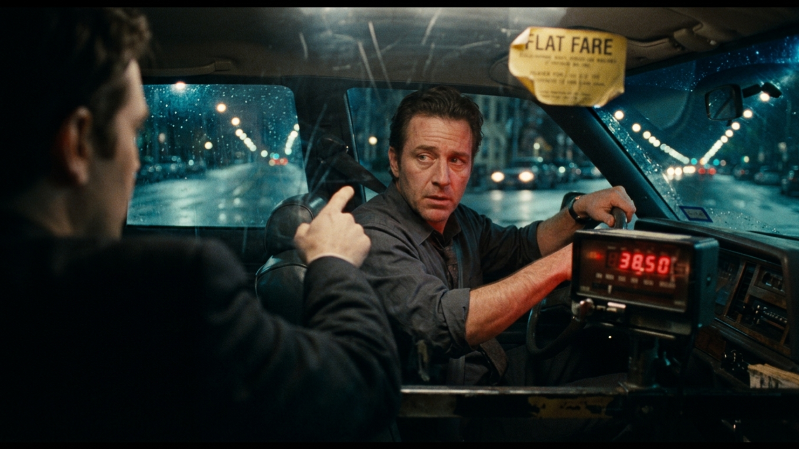 A taxi driver with a 'FLAT FARE' sticker stares in dread at a racing meter as his passenger points to another stop: a fixed fee versus rising costs.