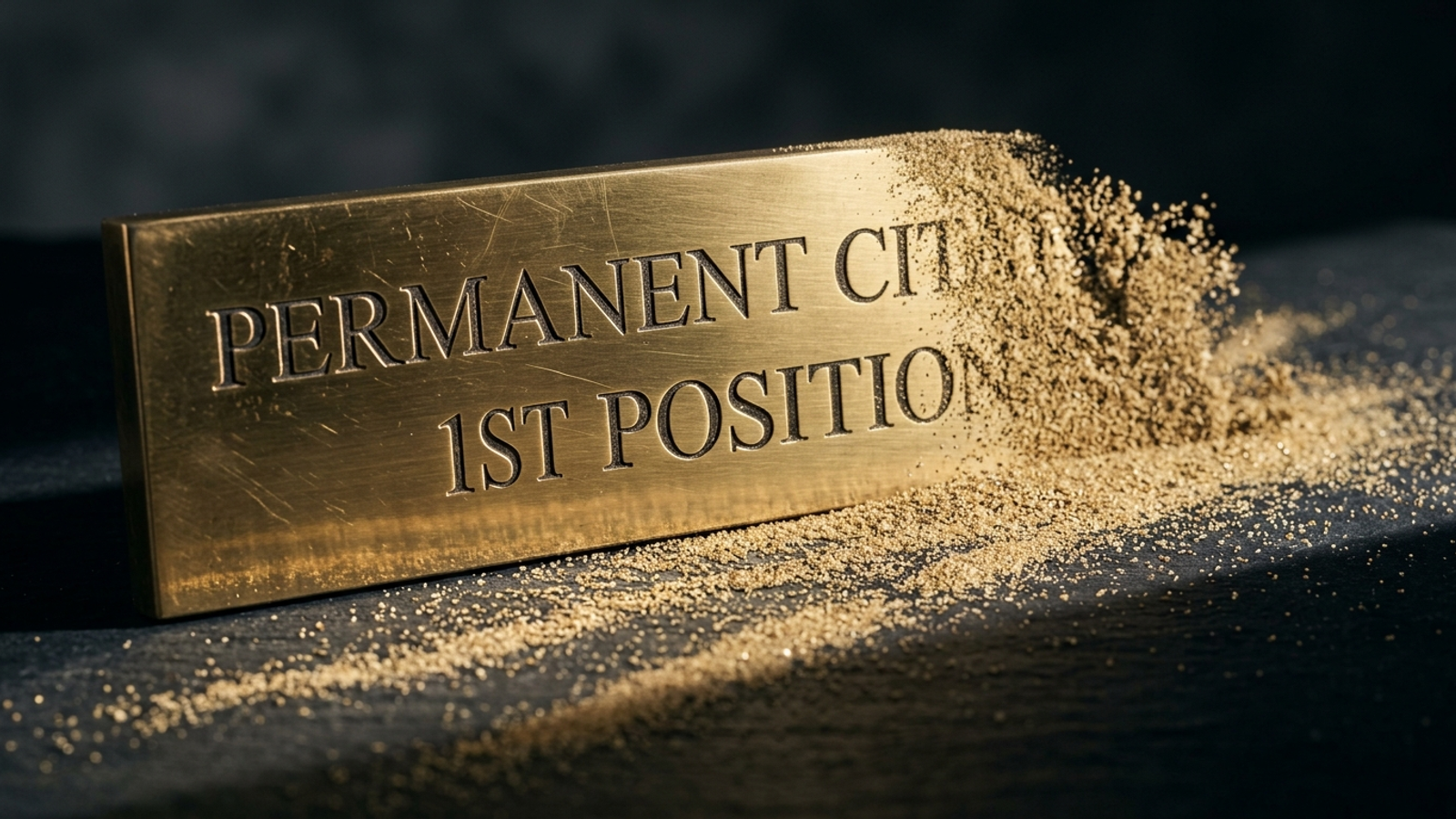 A heavy brass plaque engraved 'PERMANENT CITATION 1ST POSITION' crumbling into drifting sand on a slate table, illustrating citation decay.