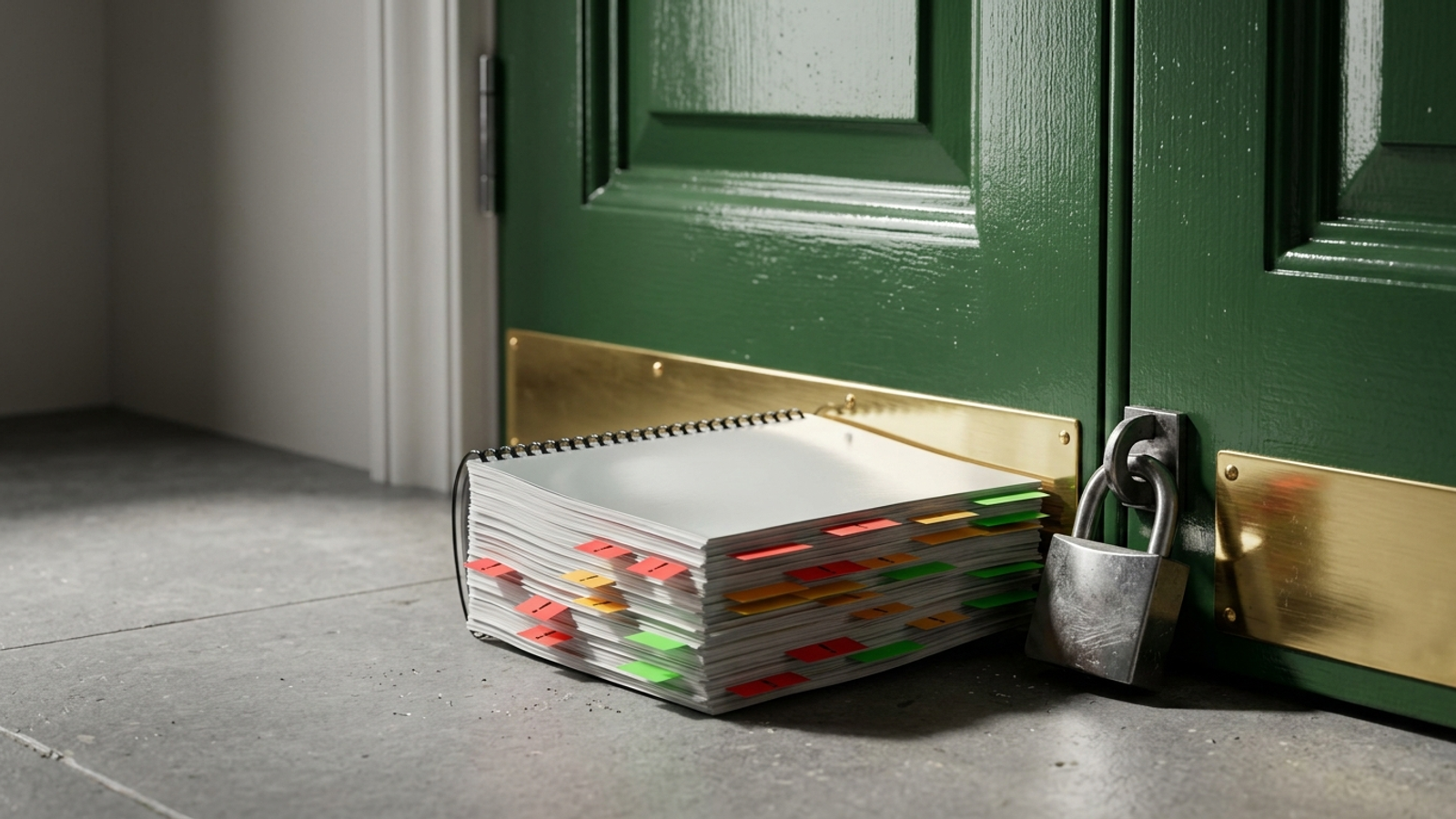 A brick-thick audit report covered in red and green tabs is wedged as a doorstop under a freshly painted door that is padlocked shut.