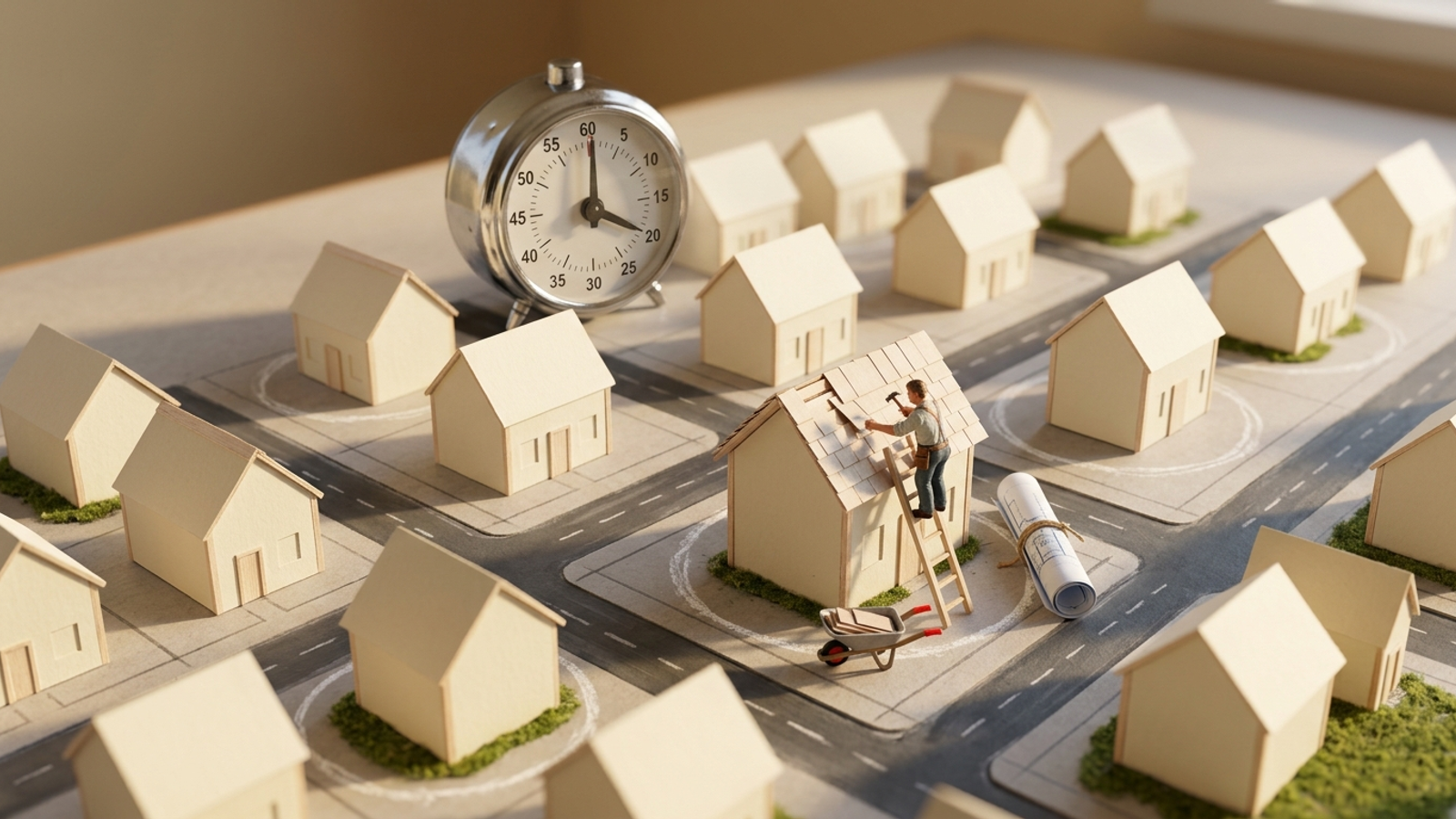 Tiny handyman repairs one of five chalk-circled paper houses under a giant kitchen timer, fixing a few pages instead of building new ones.