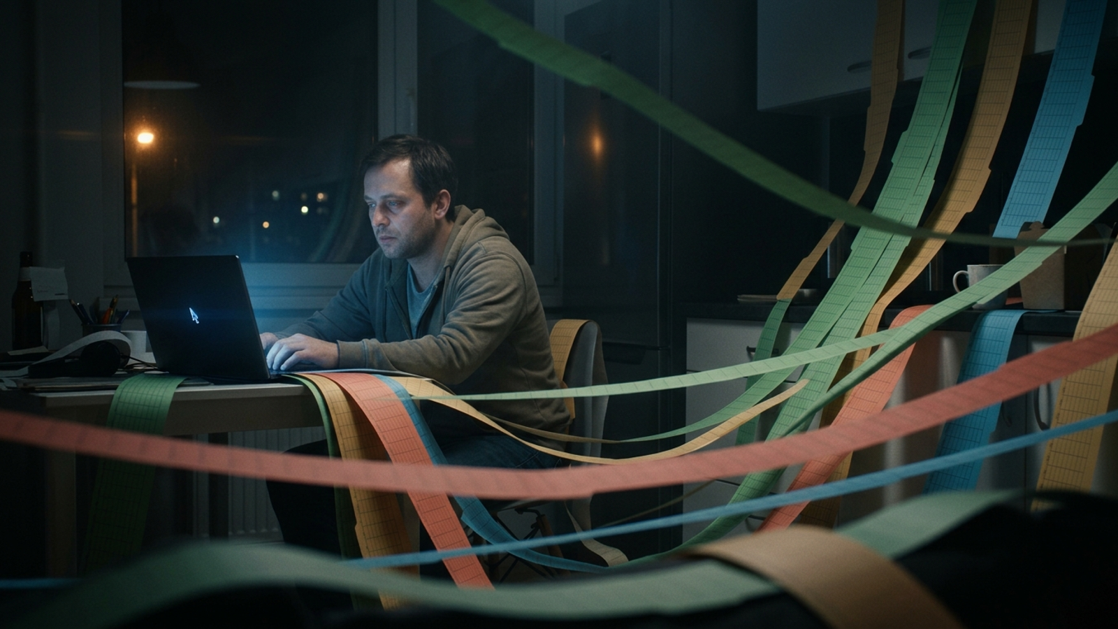 A tired man at a laptop at 1am as dozens of colour-coded spreadsheet tabs spill out of the screen and creep across his apartment.