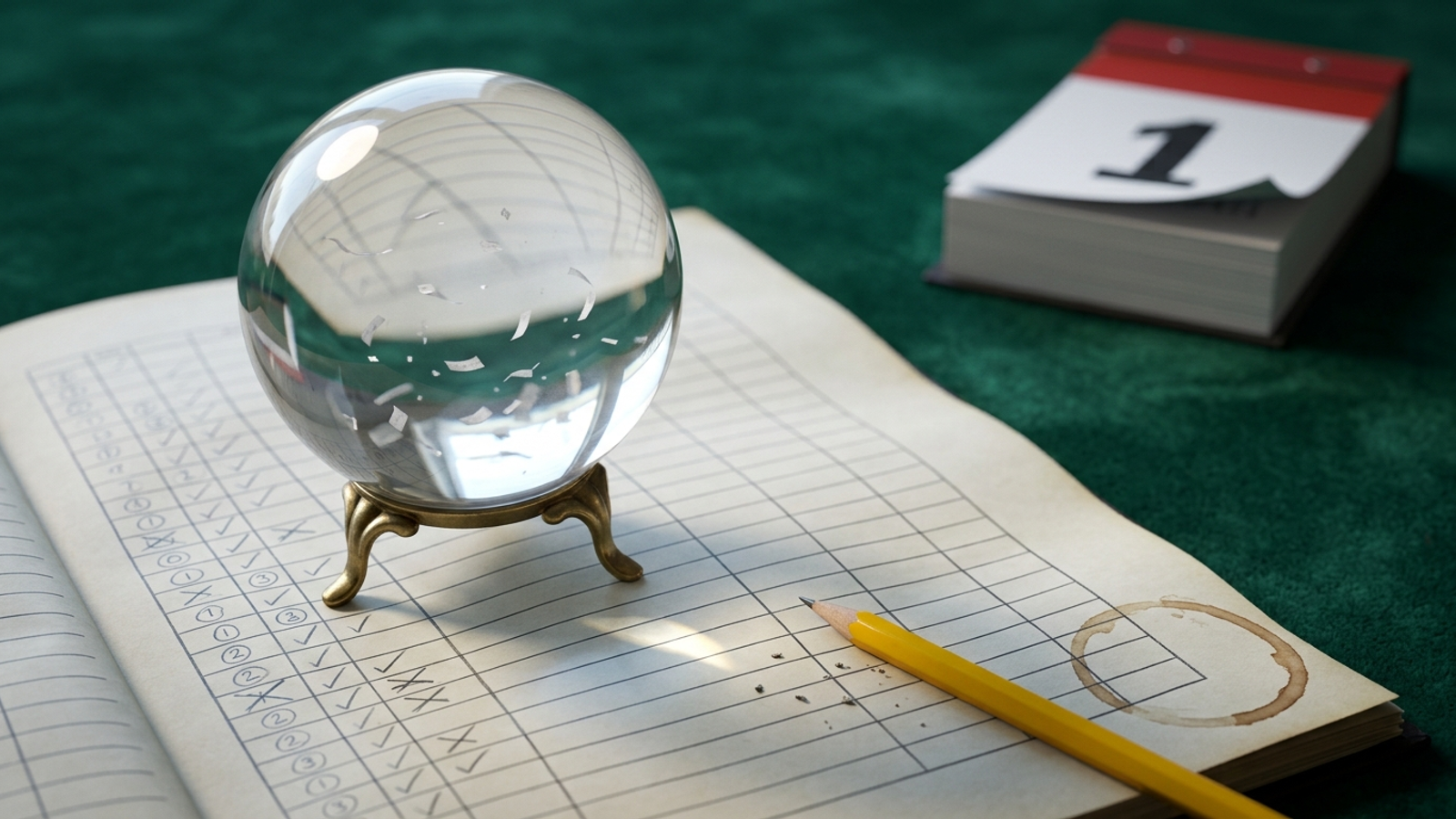 A crystal ball resting on a pencil-ruled tally ledger beside a pencil and coffee mug, as if a fortune-teller's answers are being logged every Monday.
