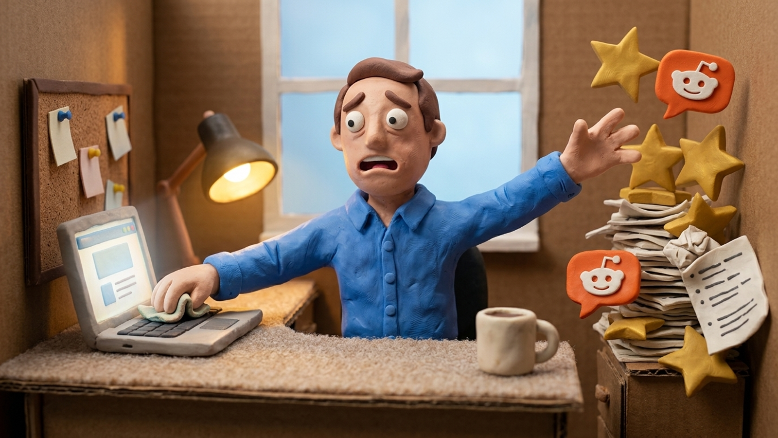 Claymation business owner caught between polishing his website and chasing review stars