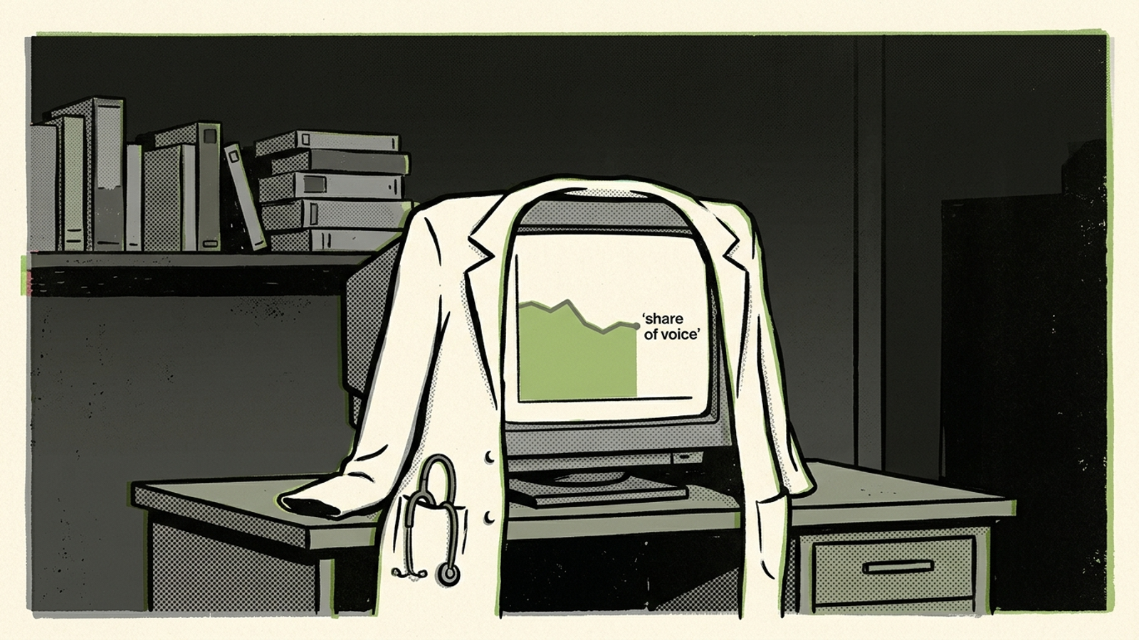 Lab coat draped over an old keyword rank tracker displaying a flat line chart