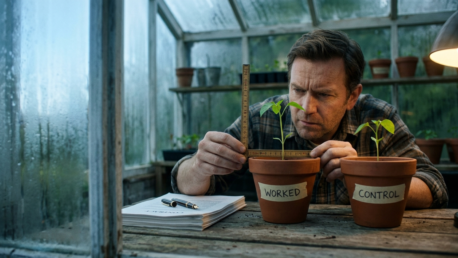 A skeptical man crouches in a greenhouse, measuring a 'WORKED' seedling against an identical 'CONTROL' one beside an unsigned contract.