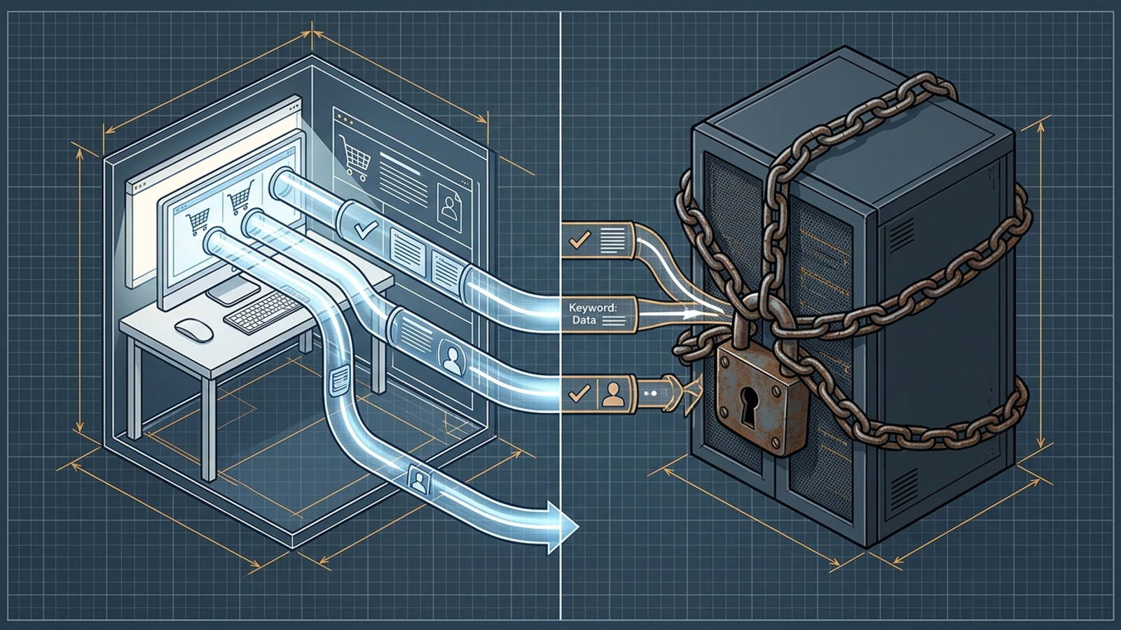 Split-view illustration of an accessible client-owned Google Ads account beside a locked server rack.