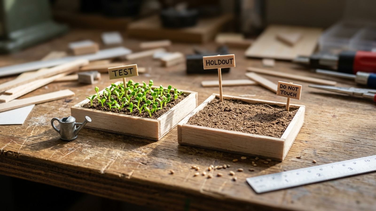 Two garden beds labeled test and holdout, one sprouting and one untouched