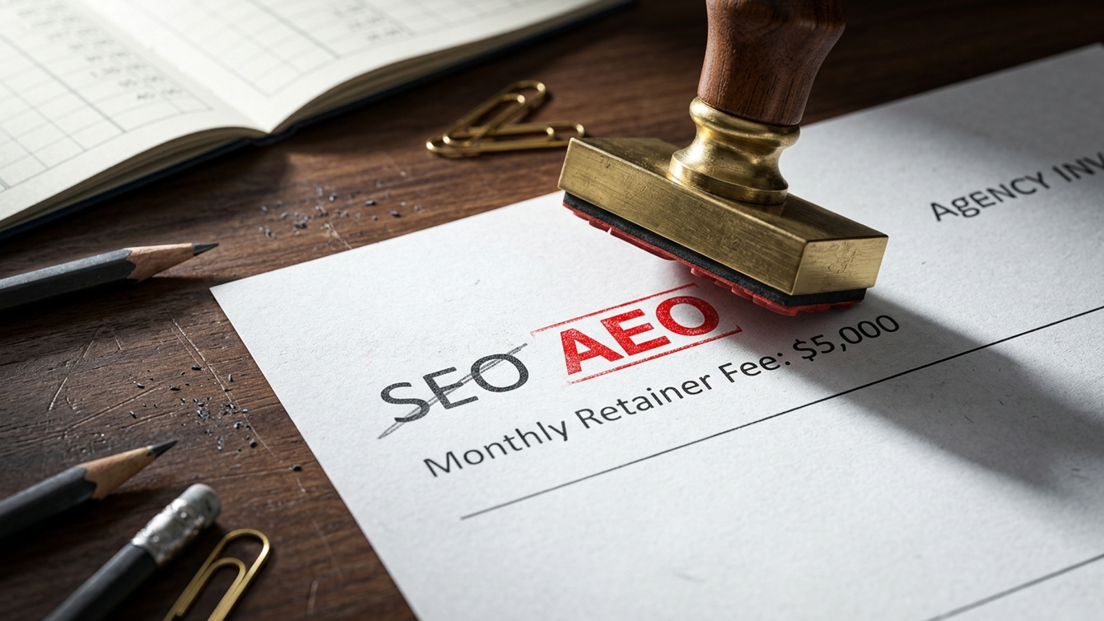An AEO stamp placed over an SEO line item on an agency invoice.