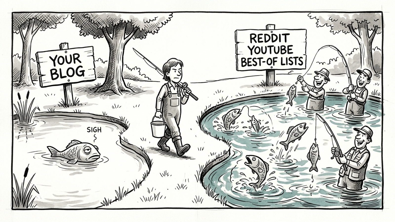 Ink cartoon of a marketer fishing in a crowded Reddit and YouTube pond while ignoring an empty corporate blog pond