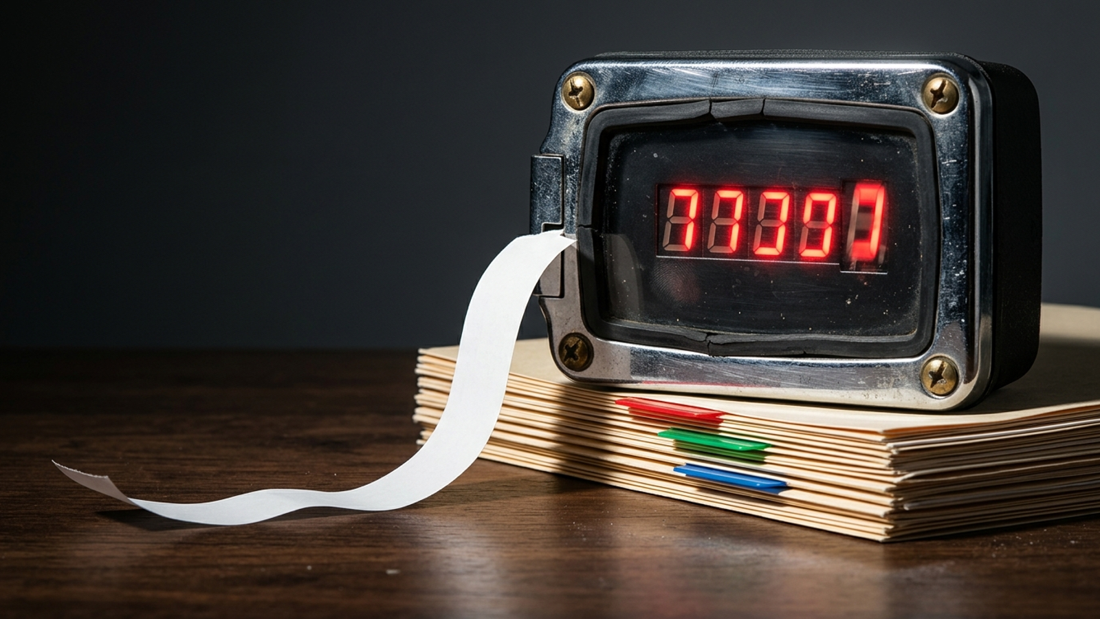 A ticking taxi meter bolted onto a thin stack of client folders, its receipt spilling off the desk: vendor costs climb while the retainer stays put.