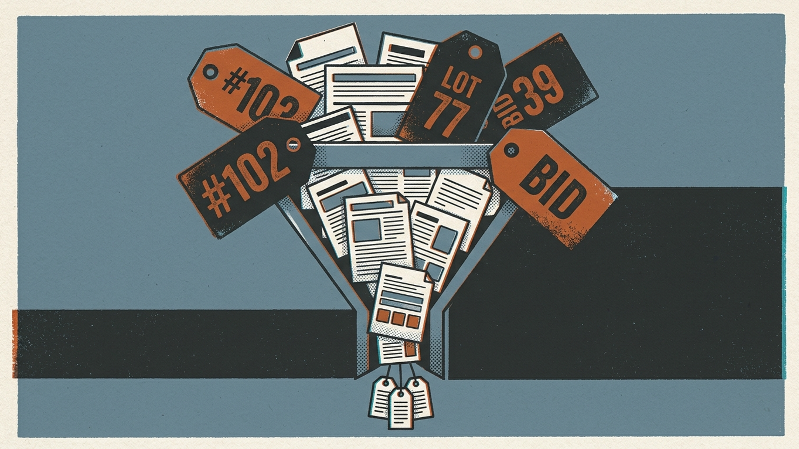 Illustration of multiple search sources narrowing to three citation slots beside ad tags.